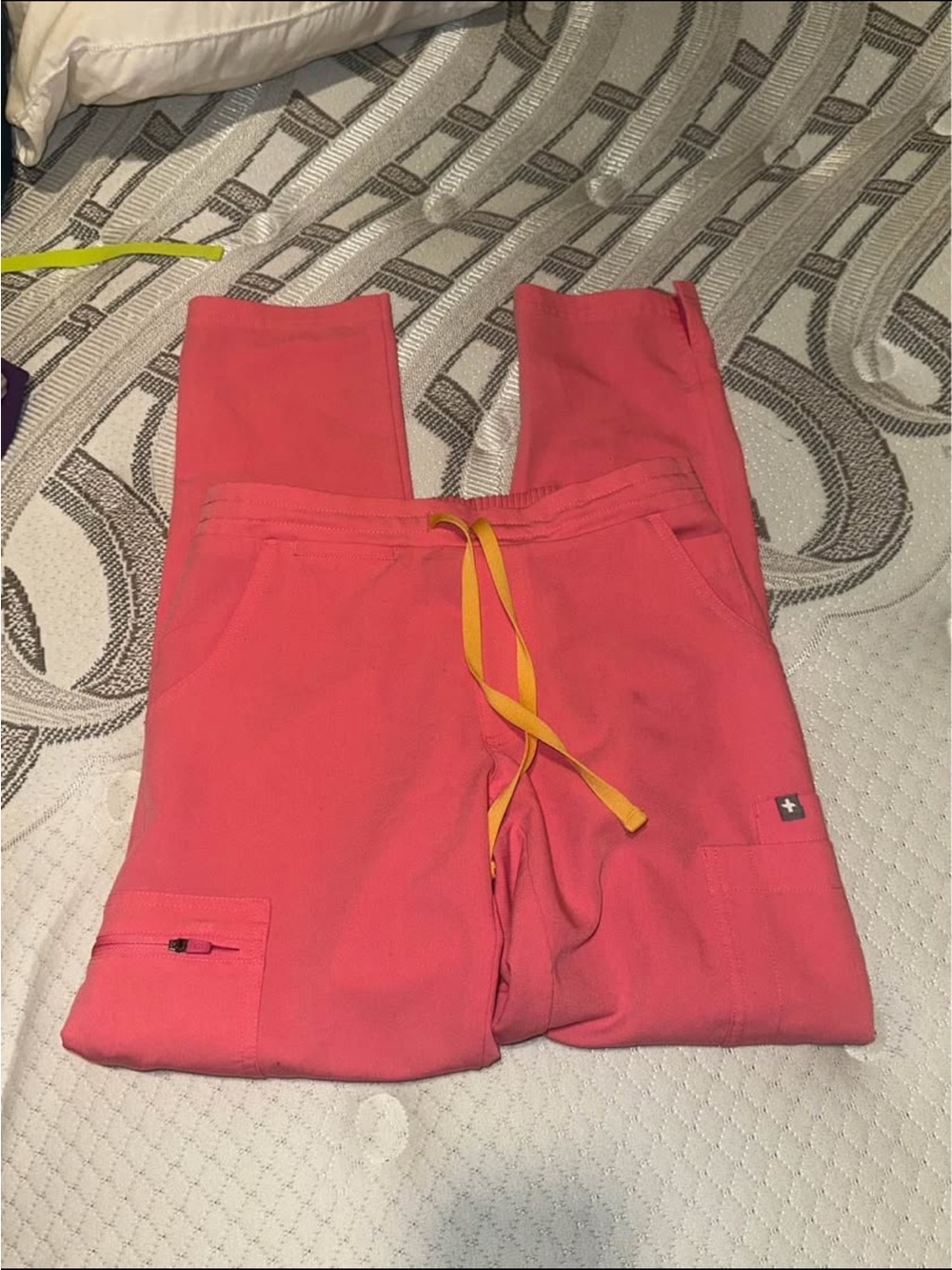 Figs Coral Pink Cargo Joggers with Yellow Drawstring